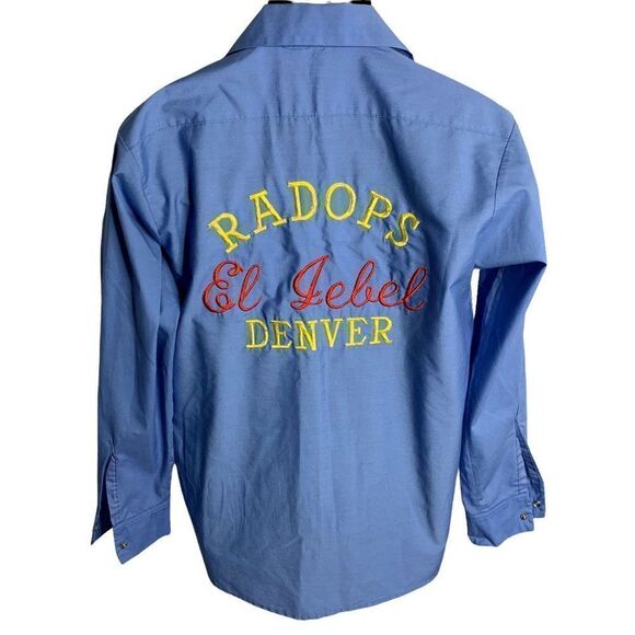 Vintage 70s Button Up Uniform Shirt M Blue El Jebel Radio Embroidered Pockets - Picture 1 of 9